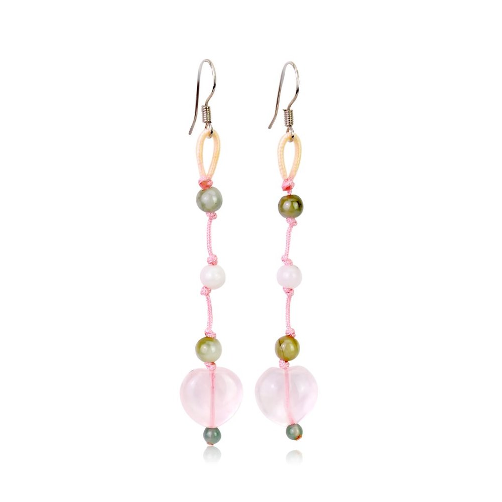 Lovely Rose Quartz Heart and Triple Beads Gemstone Earrings - Picture 2 of 4